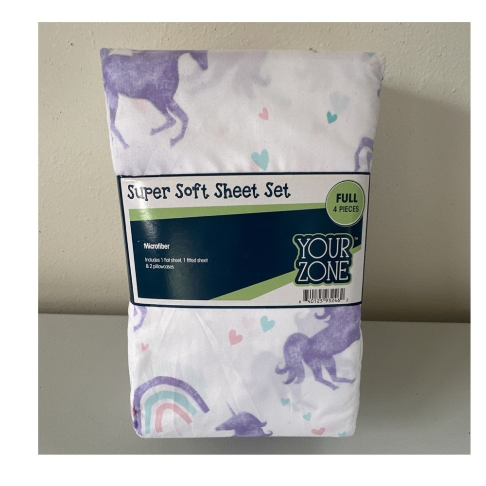 Your Zone Super Soft Full Sheet Set Unicorn Rainbow Hearts 4pc Polyester
